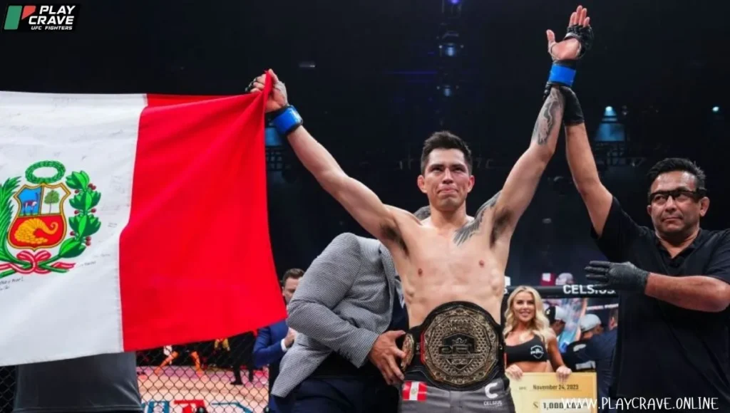 MMA fighter with the championship belt raising his hands