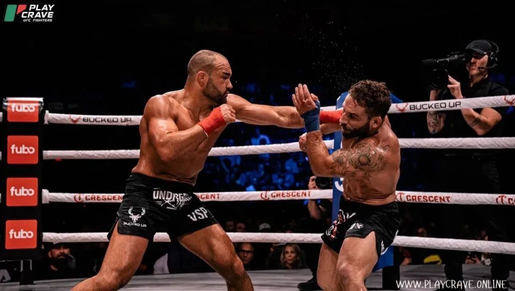 Two fighters exchanging punches, and one knocking another with a powerful punch