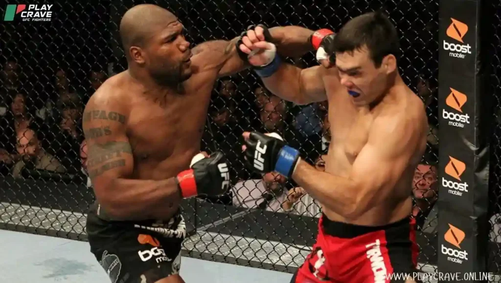 An MMA fighter landing a strong knockout punch 